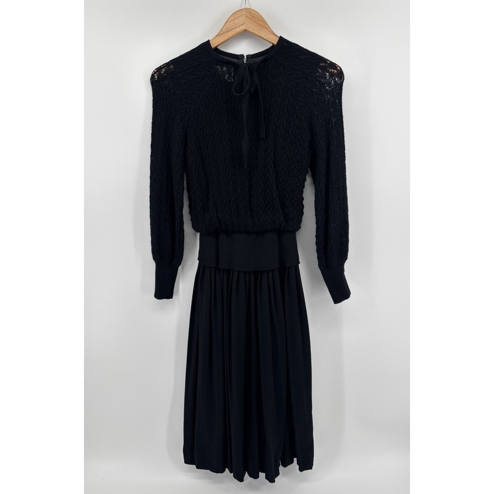 Vintage 1973 Ciao Ltd 100% Wool Black Sweater Dress Sz 6 Open Knit Talon Zipper